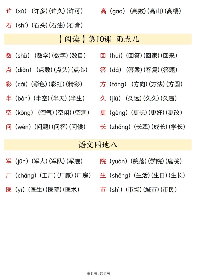 一上24秋语文识字表生字、拼音、组词汇总(11页)_一到六小学晨读晚默晨诵晚读_24秋一年级上册各类资料(小纸条知识点默写单)