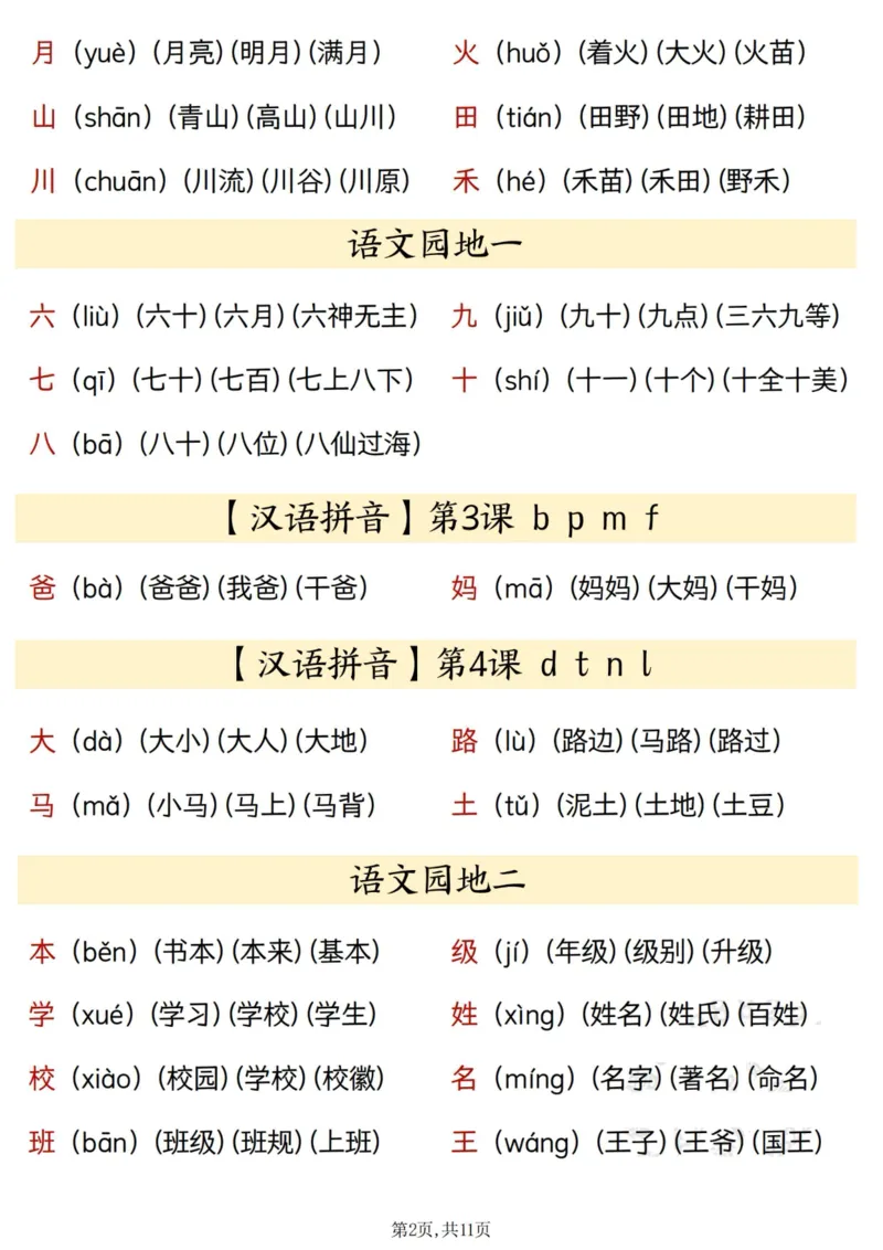 一上24秋语文识字表生字、拼音、组词汇总(11页)_一到六小学晨读晚默晨诵晚读_24秋一年级上册各类资料(小纸条知识点默写单)