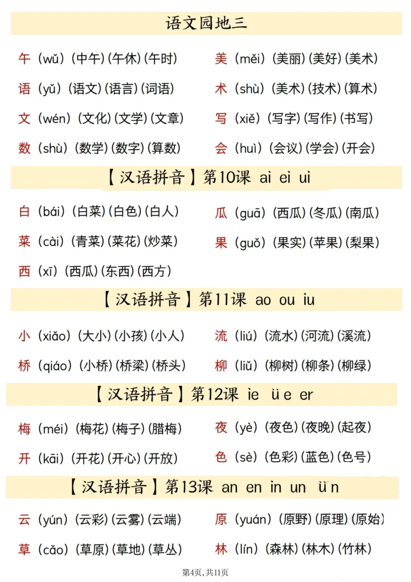 一上24秋语文识字表生字、拼音、组词汇总(11页)_一到六小学晨读晚默晨诵晚读_24秋一年级上册各类资料(小纸条知识点默写单)