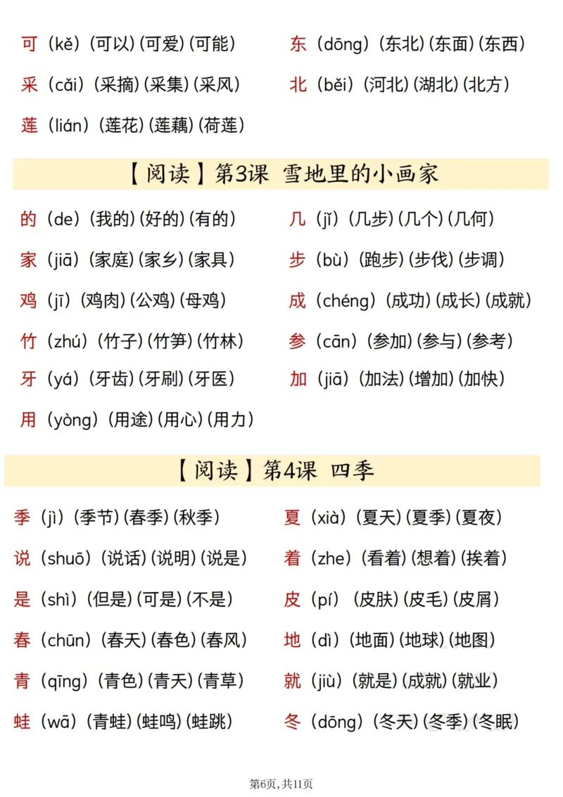 一上24秋语文识字表生字、拼音、组词汇总(11页)_一到六小学晨读晚默晨诵晚读_24秋一年级上册各类资料(小纸条知识点默写单)