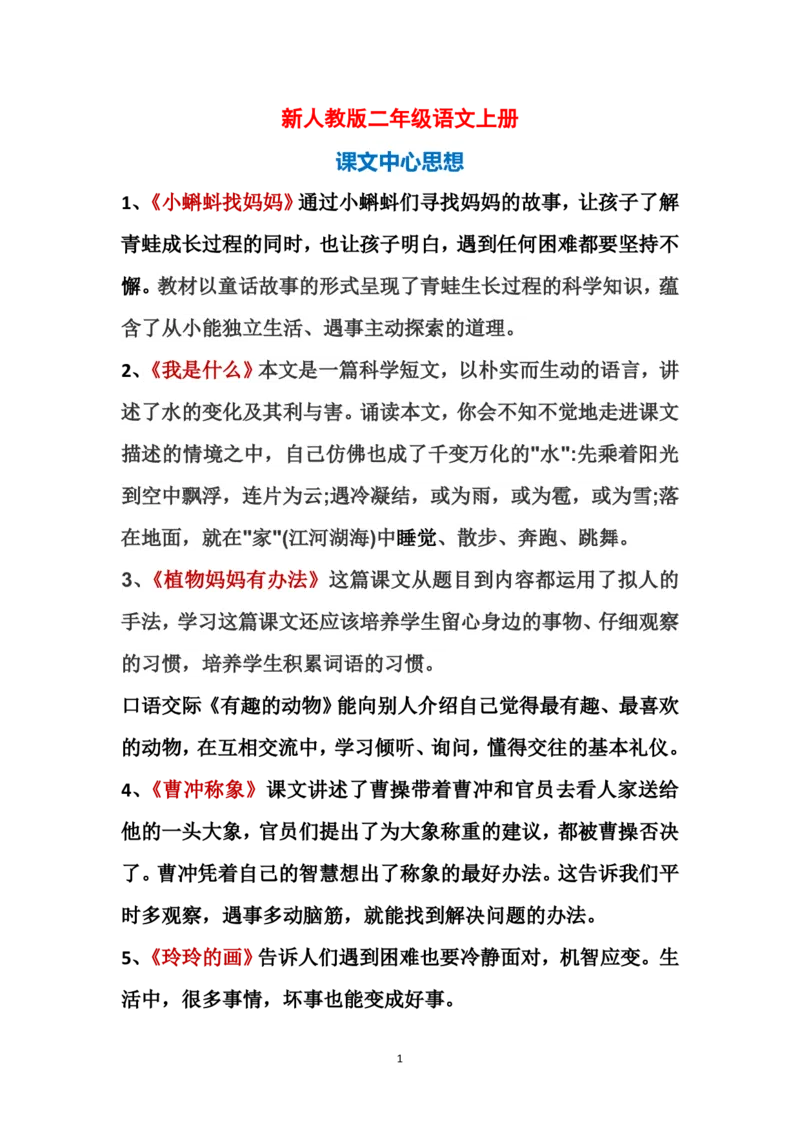 最新人教版部编版二年级上册语文课文中心思想及日积月累_二年级上下册资料_小学二年级学习资料-25年更新版_2-01、小学二年级语文上册_2-1-1、复习、知识点、归纳汇总_背诵默写