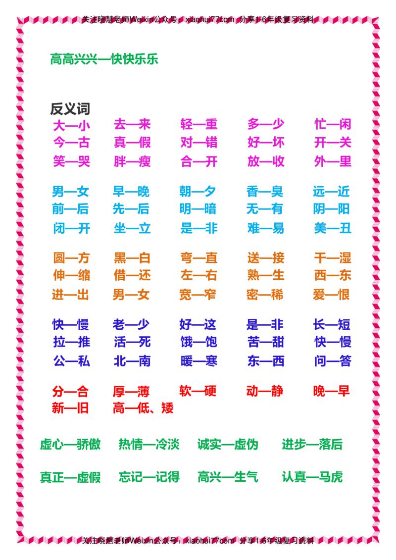 一年级下册语文日积月累知识-近义词与反义词_一年级上下册资料_小学一年级学习资料-25年更新版_1-02、小学一年级语文下册_3-6-2-1、复习、知识点、归纳汇总_部编（人教）版_拼音生字