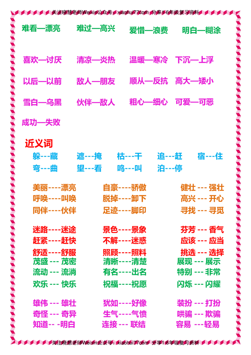 一年级下册语文日积月累知识-近义词与反义词_一年级上下册资料_小学一年级学习资料-25年更新版_1-02、小学一年级语文下册_3-6-2-1、复习、知识点、归纳汇总_部编（人教）版_拼音生字