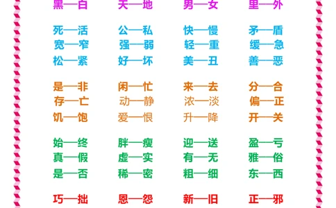 一年级下册语文日积月累知识-近义词与反义词_一年级上下册资料_小学一年级学习资料-25年更新版_1-02、小学一年级语文下册_3-6-2-1、复习、知识点、归纳汇总_部编（人教）版_拼音生字