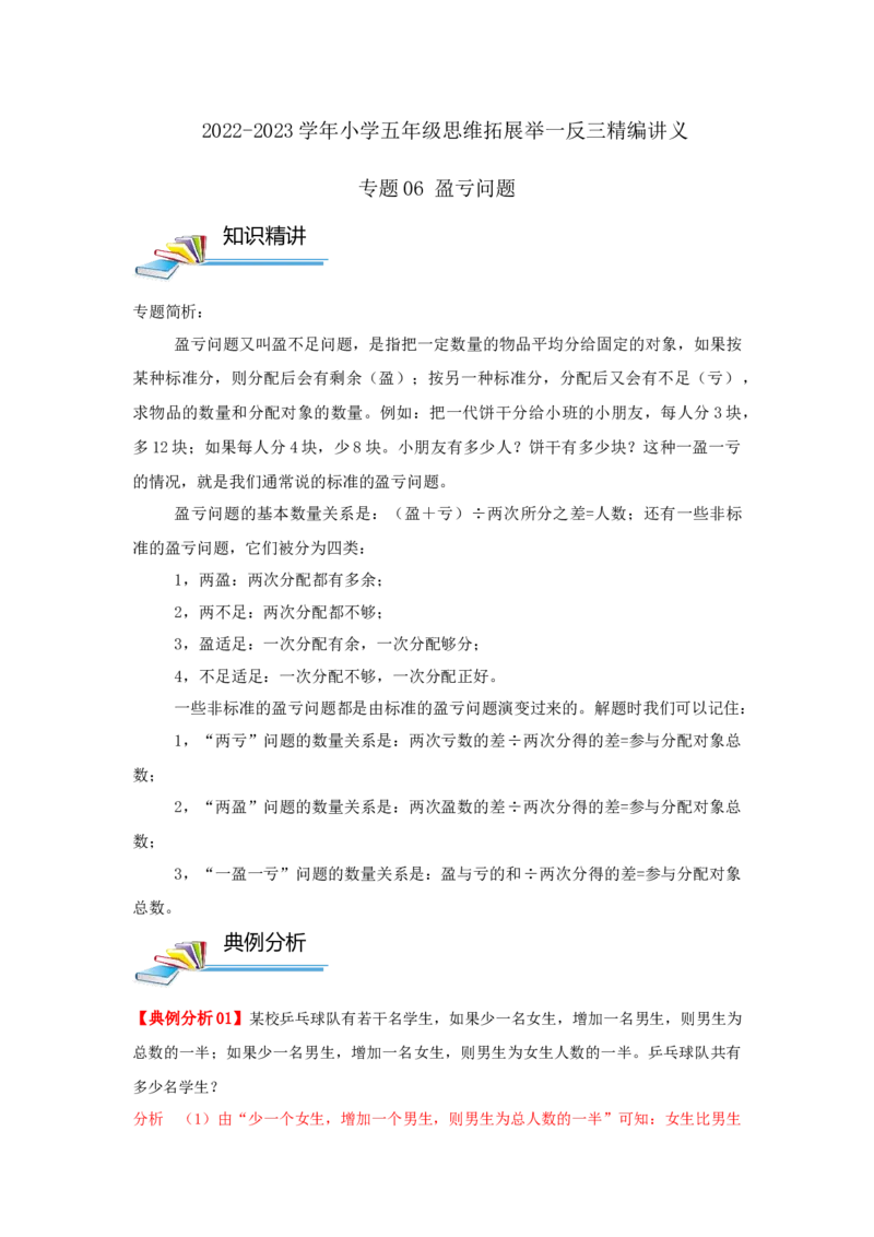 专题06盈亏问题（原卷）_小学数学思维训练电子版举一反三奥数逻辑拓展专项图解强化_五年级_（培优提升讲义）2022-2023学年五年级数学思维拓展举一反三精编讲义（通用版）(28)份