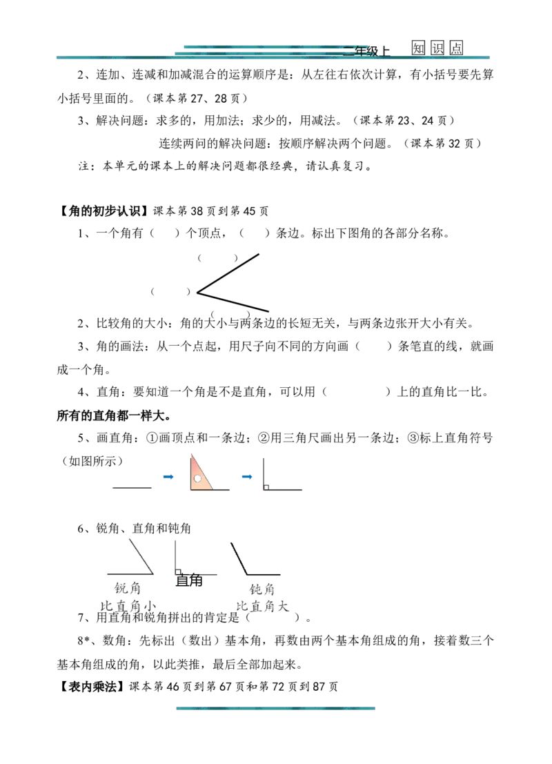 新人教版二年级上册数学知识点梳理_二年级上下册资料_小学二年级学习资料-25年更新版_2-03、小学二年级数学上册_2-3-1、复习、知识点、归纳汇总_人教版