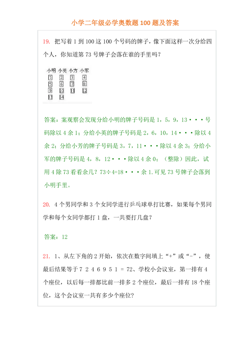 小学二年级上册-数学必学经典奥数题100题及答案_一年级上下册资料_3-2-1、小学奥数一年级_3-2-2、小学奥数二年级