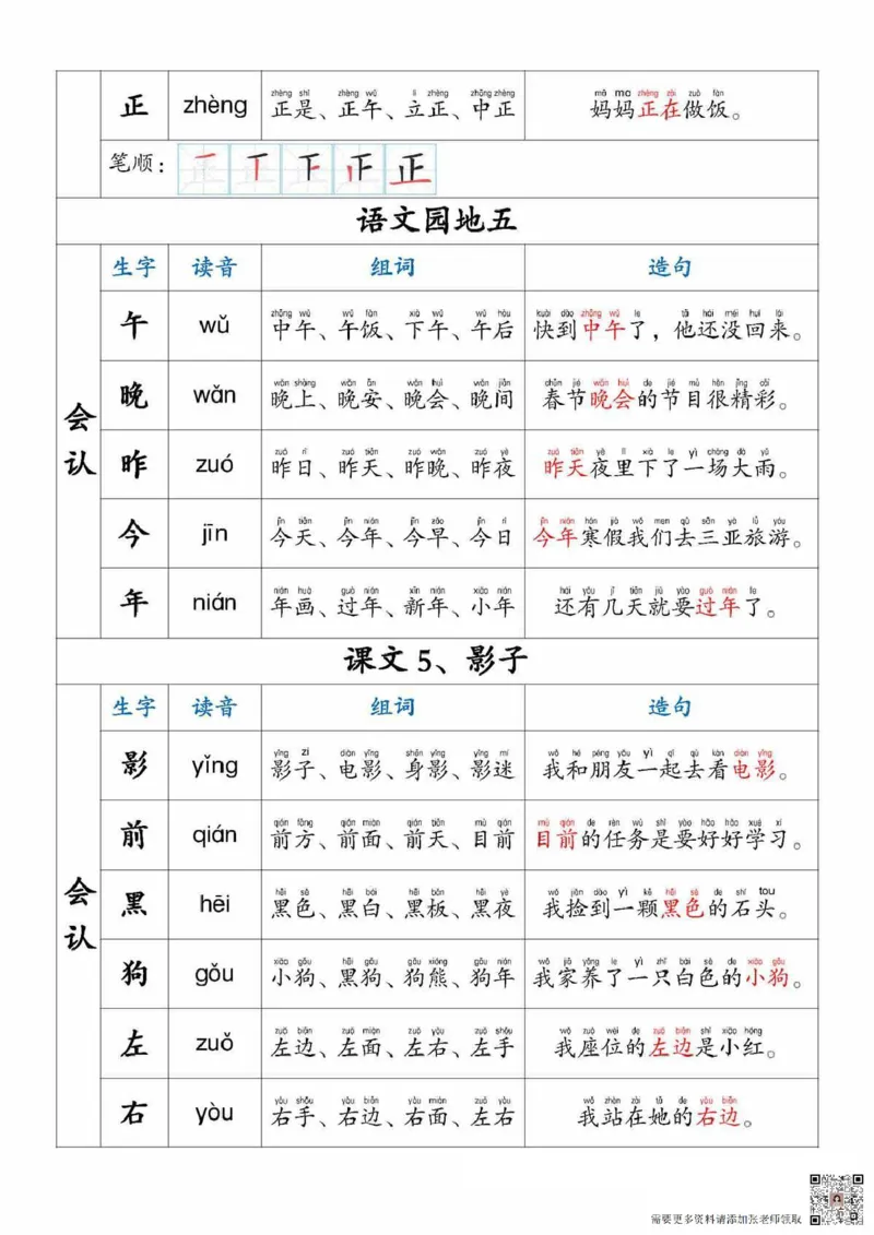 一上语文生字，组词，造句_一年级上下册资料_一年级上册小红书同款资料