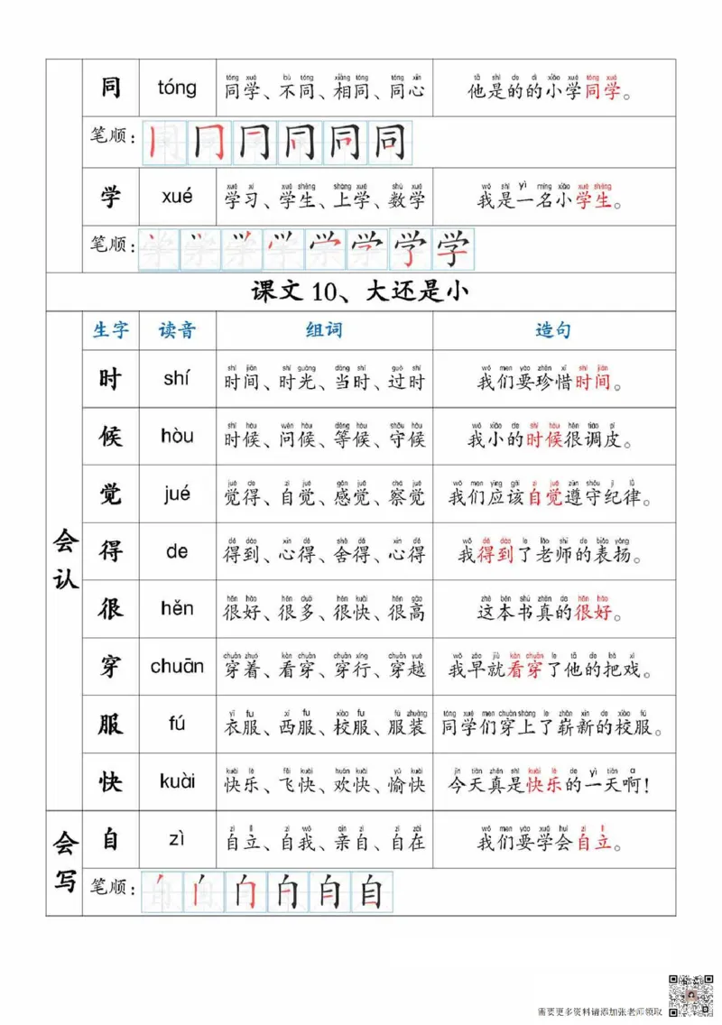 一上语文生字，组词，造句_一年级上下册资料_一年级上册小红书同款资料