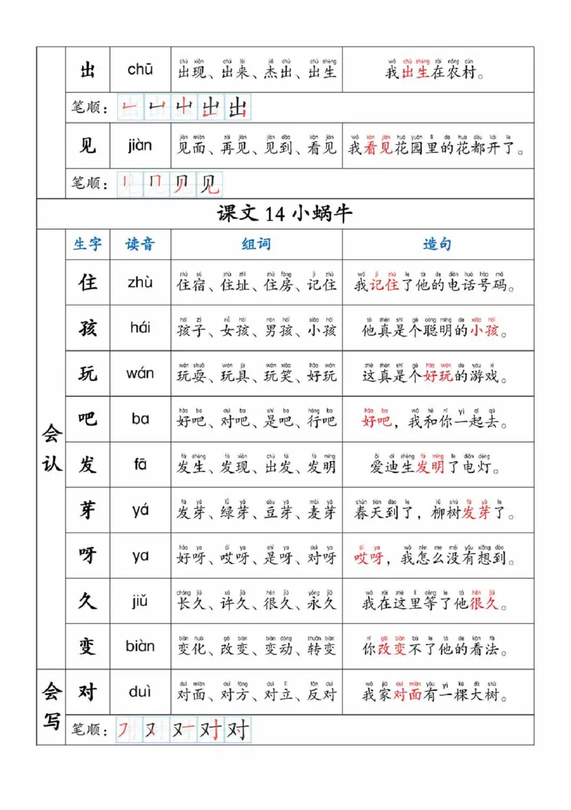 一上语文生字，组词，造句_一年级上下册资料_一年级上册小红书同款资料