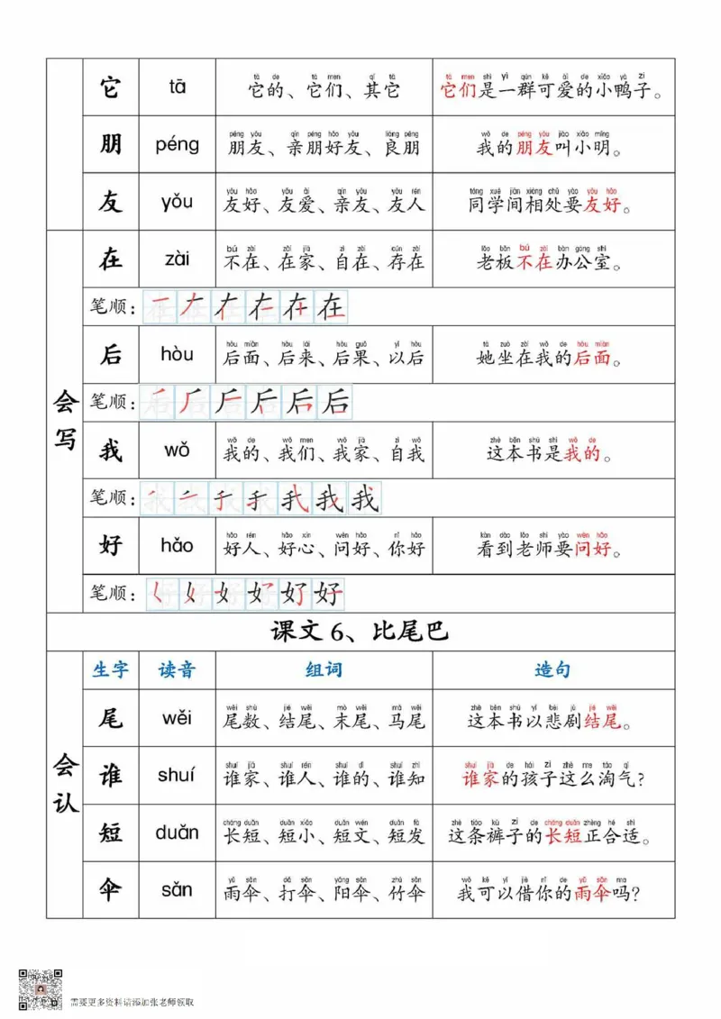 一上语文生字，组词，造句_一年级上下册资料_一年级上册小红书同款资料_一年级上册资料