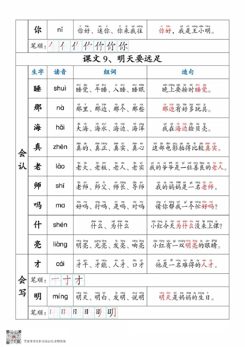 一上语文生字，组词，造句_一年级上下册资料_一年级上册小红书同款资料_一年级上册资料
