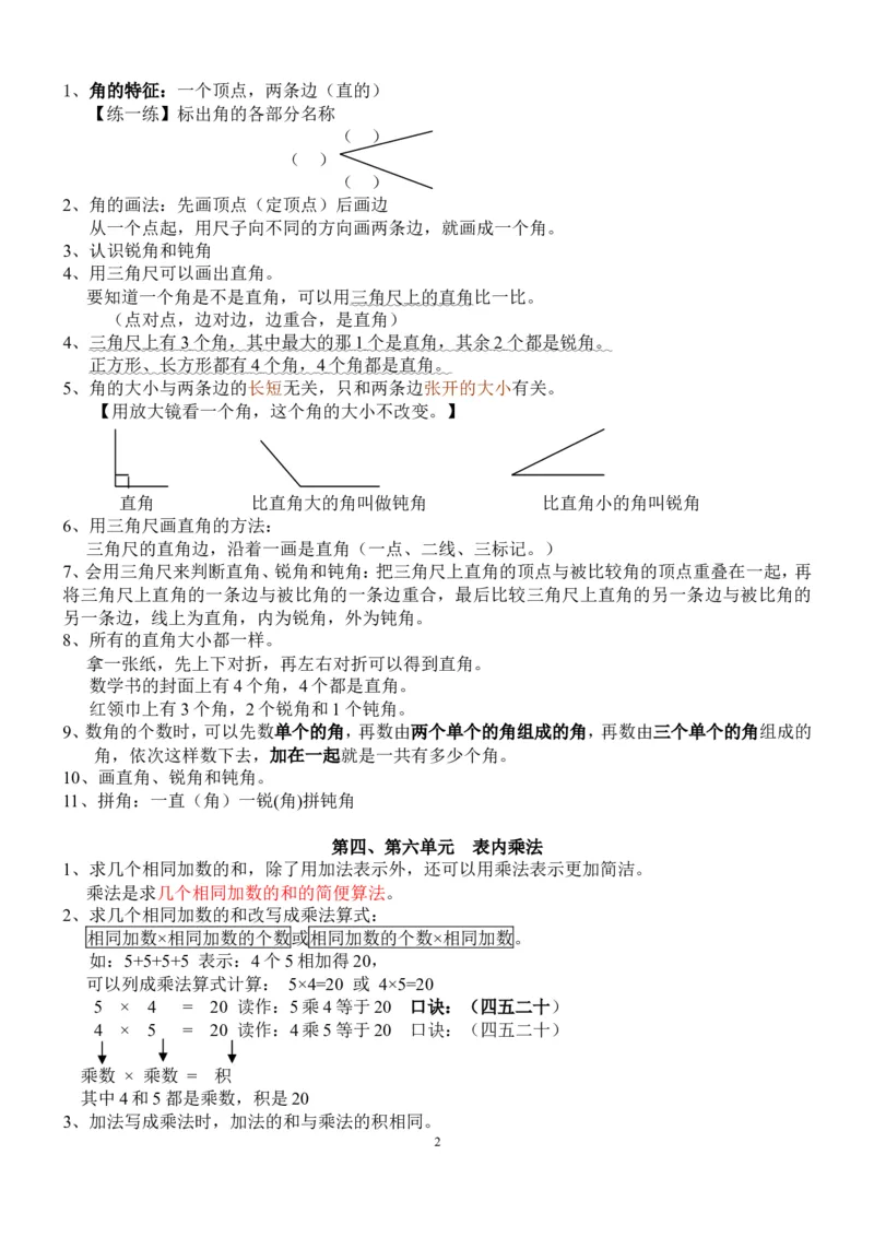 新人教版数学二年级上册知识点整理_二年级上下册资料_小学二年级学习资料-25年更新版_2-03、小学二年级数学上册_2-3-1、复习、知识点、归纳汇总_人教版