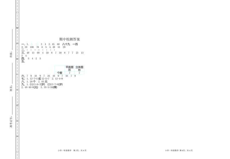 一年级下期中测试卷_一年级上下册资料_小学一年级学习资料-25年更新版_1-04、小学一年级数学下册_1-4-2、练习题、作业、试题、试卷_通用