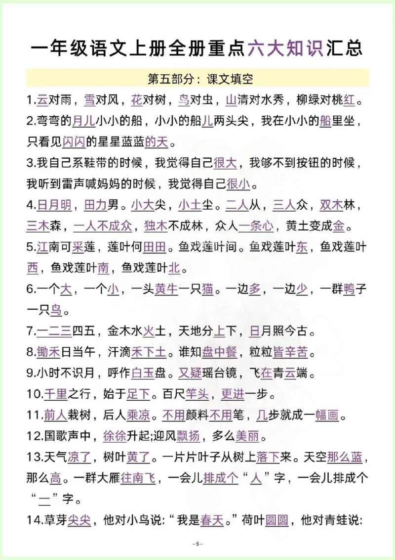一年级语文上册全册重点六大知识汇总_一年级上下册资料_一年级上册小红书同款资料_一年级(1)