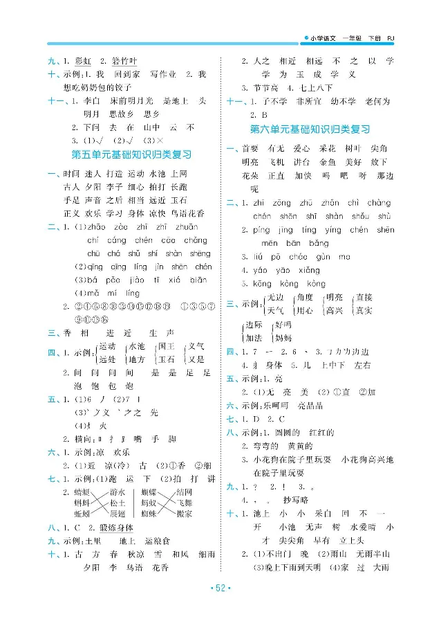 归类复习部编版语文一下册单元归类复习答案_一年级上下册资料_小学一年级学习资料-25年更新版_1-02、小学一年级语文下册_3-6-2-2、练习题、作业、专项、试卷_部编（人教）版