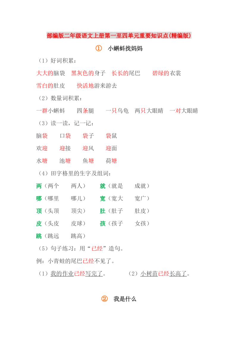 人教小学语文2上第1-4单元重要知识点(精编版)_小学语文一至六年级上下册电子版PDF单元知识点考试重点难点解析_知识点归纳总结人教小学语文2上