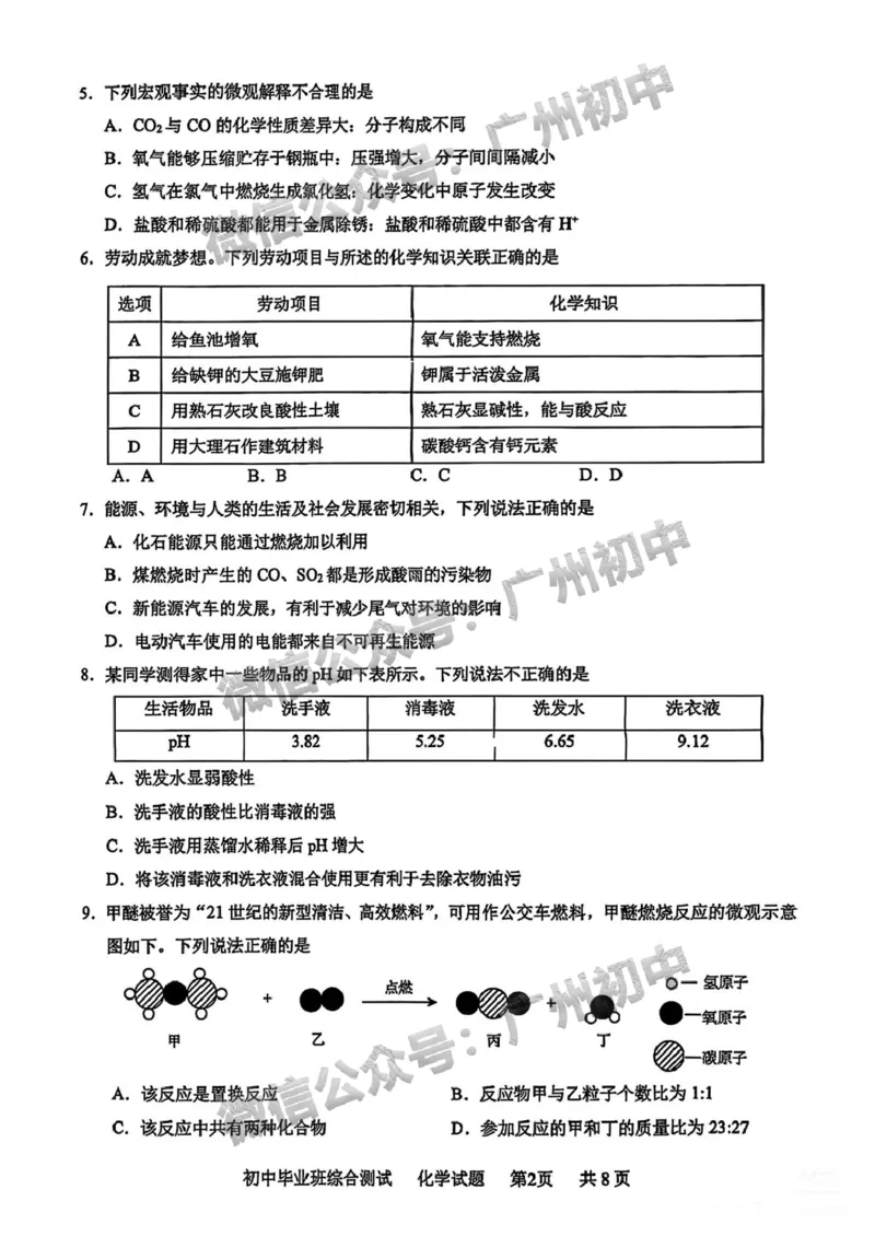 2025黄埔区中考一模化学试题_广州九上月考+期中+期末+一模二模+中考真题_广州2025年中考一模_2025年11区中考一模_黄埔区