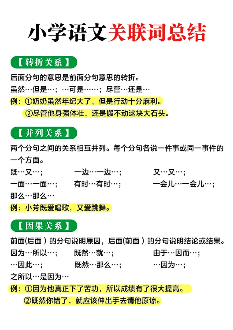 小学语文关联词考点总结_一到六小学晨读晚默晨诵晚读_四年级上册各类资料(小纸条知识点默写单)