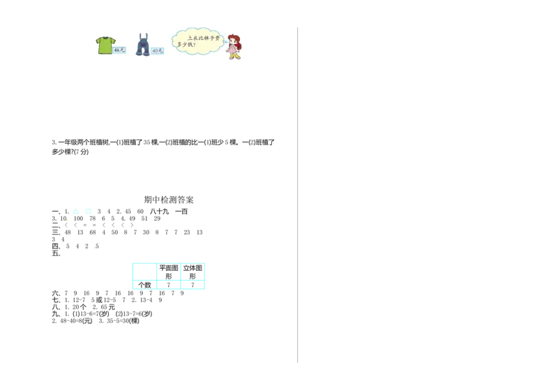 人教新课标数学一年级下学期期中测试卷1_一年级上下册资料_一年级上语数英上下册学习资料_3-6-4、小学一年级数学下册_人教版_4、期中测试卷