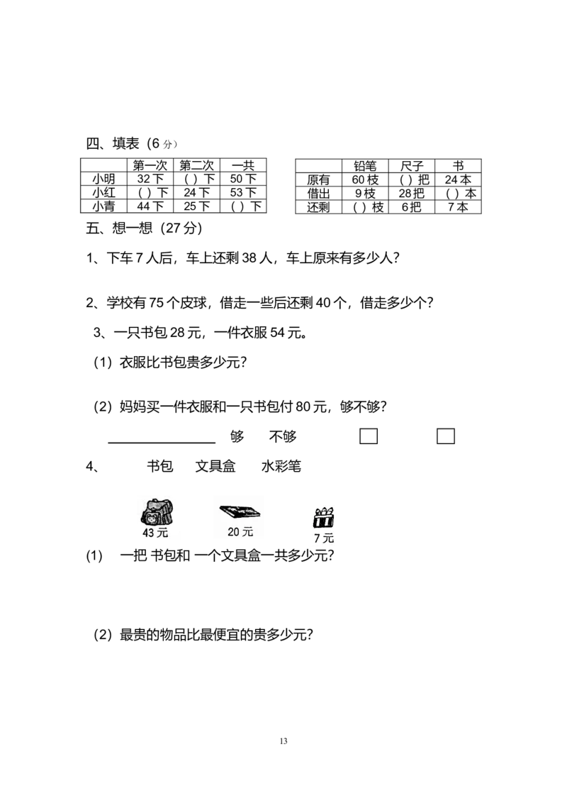 小学一年级数学下期末试卷(6套)_一年级上下册资料_小学一年级学习资料-25年更新版_1-04、小学一年级数学下册_1-4-2、练习题、作业、试题、试卷_通用