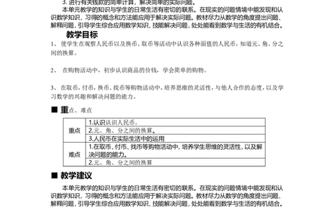 单元概述与课时安排_一年级上下册资料_1年级下册教学资源包课件+课时练_第四单元认识人民币_单元资料汇总_学案教案_教案