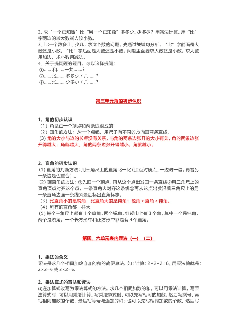 人教版二年级(上册)数学知识点汇总_二年级上下册资料_小学二年级学习资料-25年更新版_2-03、小学二年级数学上册_2-3-1、复习、知识点、归纳汇总_人教版