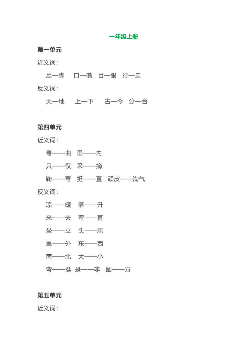 各单元近反义词汇总_一年级上下册资料_一年级上语数英上下册学习资料_3-6-1、小学一年级语文上册_统编、部编、人教（语文全国统一只有一个版）_1、知识点总结_专项-词语句子