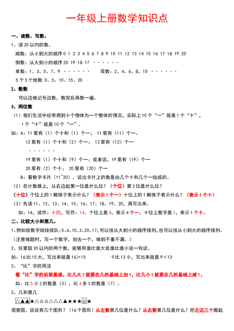 小学一年级数学上册知识点总结_一年级上下册资料_小学一年级学习资料-25年更新版_1-03、小学一年级数学上册_通用_知识点