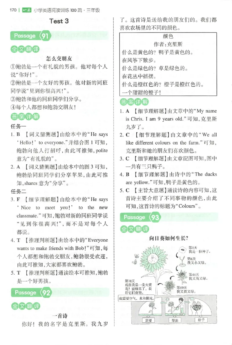 三年级26版《一本小学英语阅读训练100篇》（第9次修订）答案_25秋小学语数英习题试卷_英语_3-6年级26版《一本小学英语阅读训练100篇》（第9次修订）