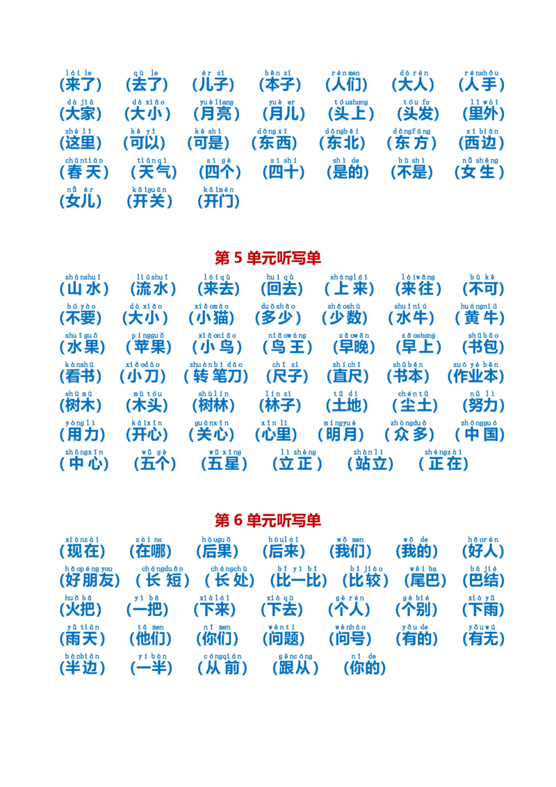 最新一年级语文上册词语听写单资料_一年级上下册资料_小学一年级学习资料-25年更新版_1-01、小学一年级语文上册_01、知识汇总