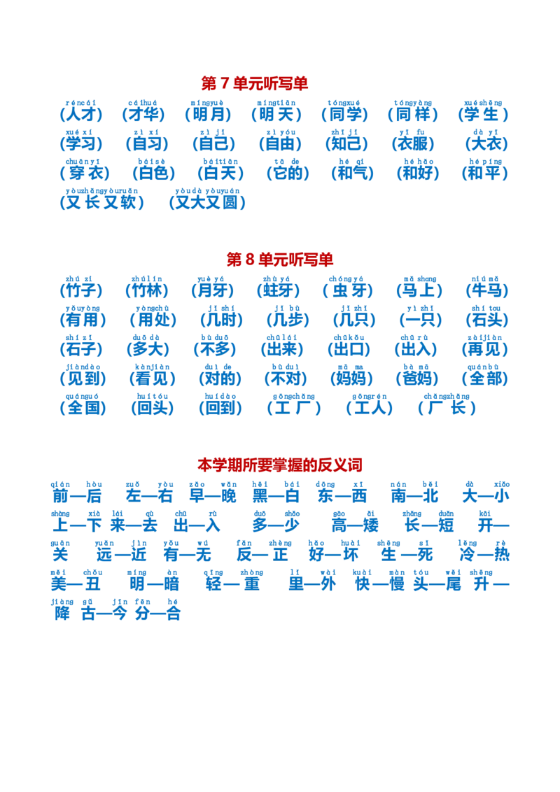 最新一年级语文上册词语听写单资料_一年级上下册资料_小学一年级学习资料-25年更新版_1-01、小学一年级语文上册_01、知识汇总