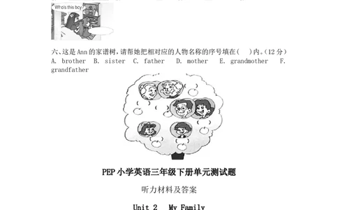 人教PEP版小学三年级英语下册Unit2Myfamily单元测试卷2带答案_三年级上下册资料_三年级上语数英上下册学习资料_3-8-6、小学三年级英语下册_人教PEP版_3、单元测试卷