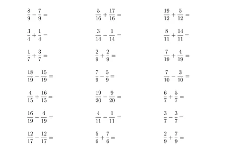 口算题(同分母分数加减法)1500题_小学数学口算计算速算练习1（1-6）题目类型全_五年级_口算5年级下册10000题_5下口算题(同分母分数加减法)1500题