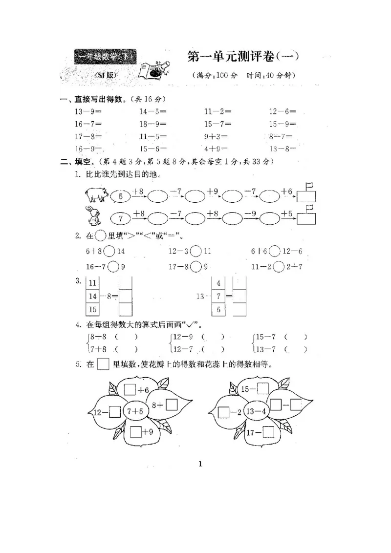 全程测评卷(全套22套附答案)_一年级上下册资料_小学一年级学习资料-25年更新版_1-04、小学一年级数学下册_1-4-1、复习、知识点、归纳汇总_苏教版