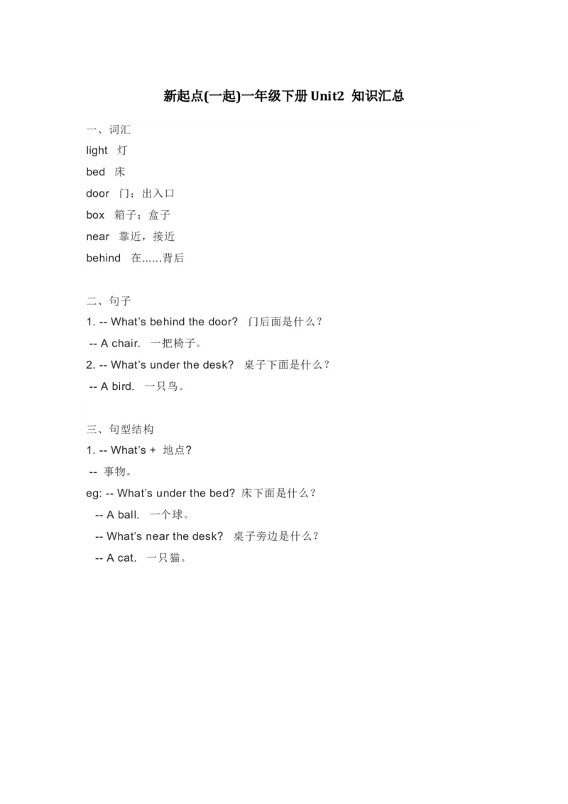 人教新起点英语一年级下册Unit2知识点汇总_一年级上下册资料_小学一年级学习资料-25年更新版_1-06、小学一年级英语下册_1-6-1、知识点、测试卷、电子书_人教新起点_知识点