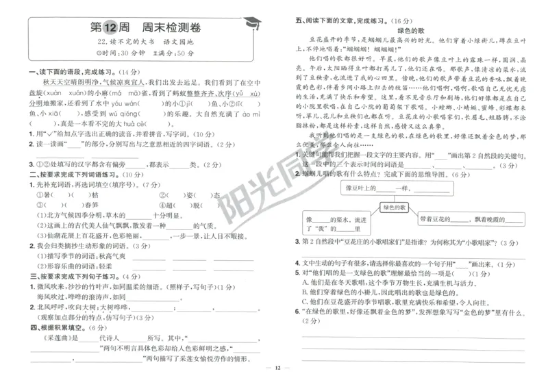 三年级语文上册人教版25秋《阳光同学提优新卷》周末小测卷_25秋小学语数英习题试卷_语文_语文《阳光同学提优新卷》_三年级语文上册人教版25秋《阳光同学提优新卷》