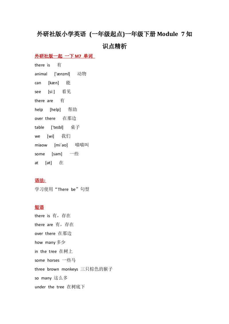 外研社版小学英语(一年级起点)一年级下册Module7知识点精析_一年级上下册资料_一年级上语数英上下册学习资料_3-6-6、小学一年级英语下册_外研版一起点_1、知识点总结
