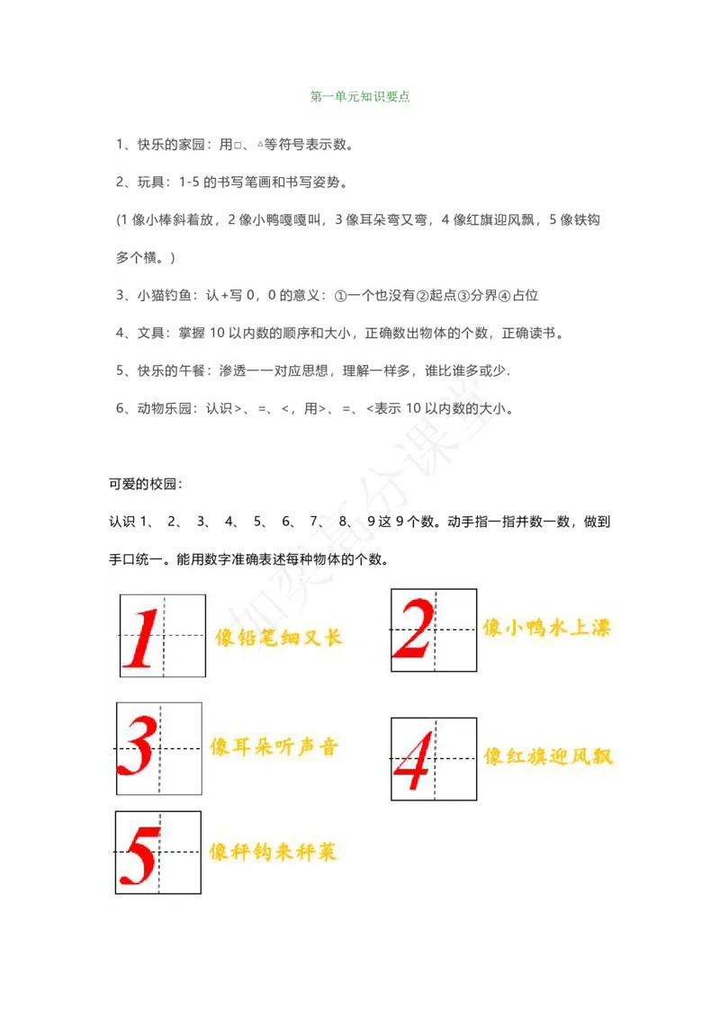 北师大版一年级数学上册第一单元知识要点公布_一年级上下册资料_小学一年级学习资料-25年更新版_1-03、小学一年级数学上册_北师大版_01、知识汇总