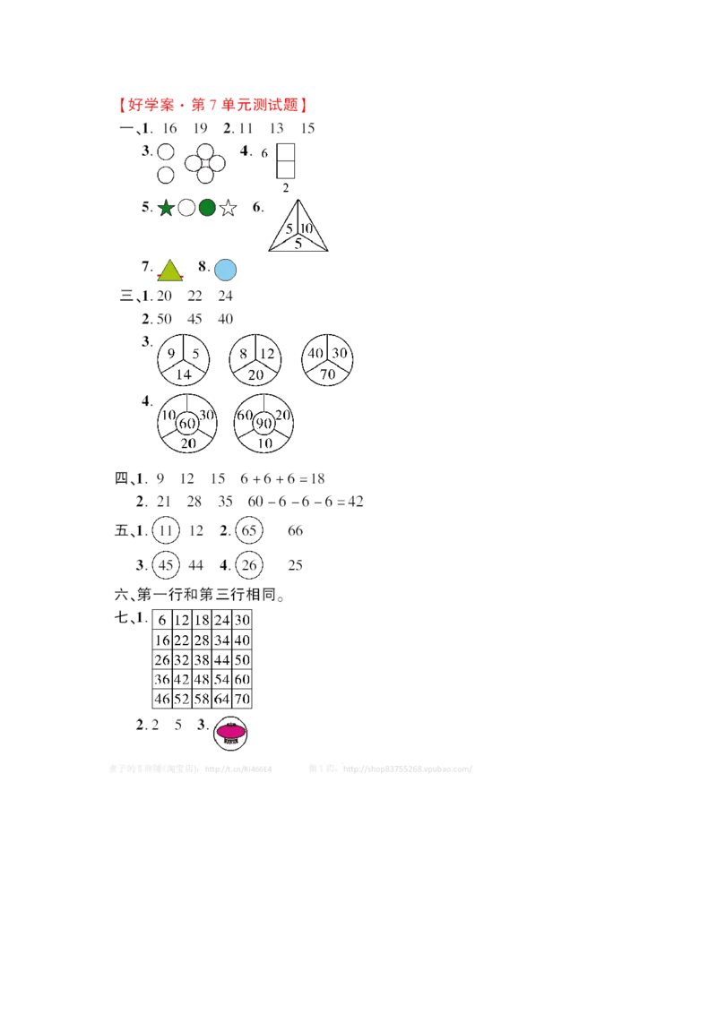 人教新课标数学一年级下学期第7单元测试卷1_一年级上下册资料_一年级上语数英上下册学习资料_3-6-4、小学一年级数学下册_人教版_3、单元测试卷