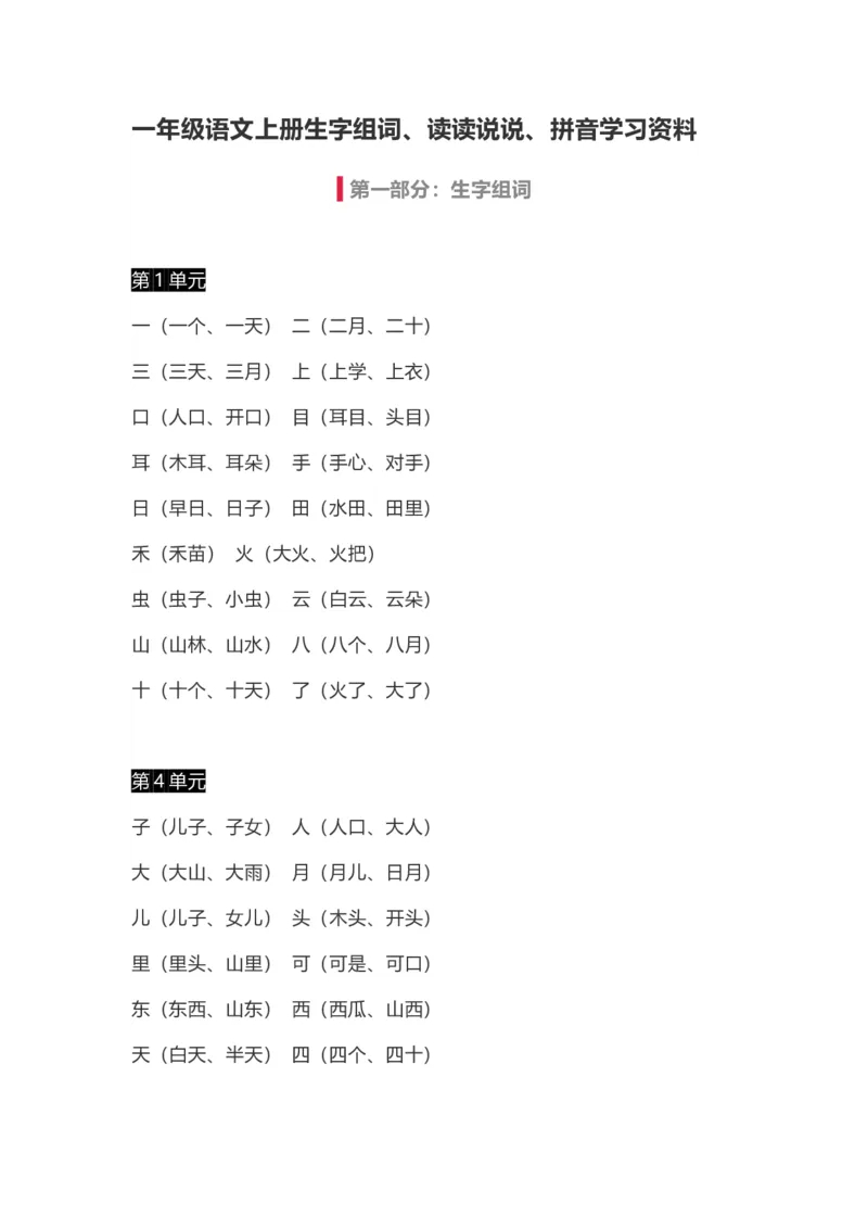 小学一年级上册语文-语文生字组词、读读说说、拼音学习资料_一年级上下册资料_小学一年级学习资料-25年更新版_1-01、小学一年级语文上册_01、知识汇总