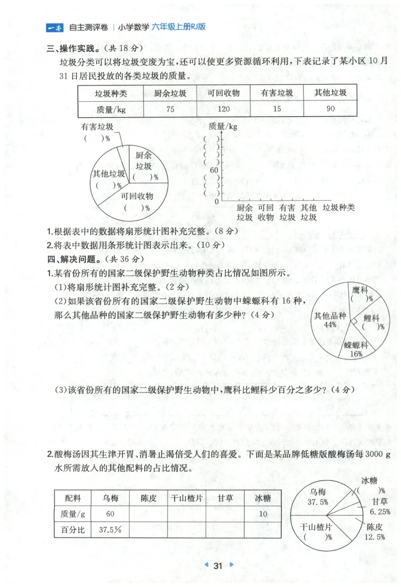 一本6年级上册小学数学同步训练RJ版-自主测评卷_25秋小学语数英习题试卷_数学_人教版_一本自主测评卷人教数学25年上册