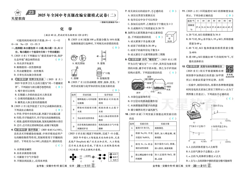 2026《中考化学45套》安徽_2026《中考》数学、英语、物理+化学安徽、河北、河南、山西、辽宁、湖北_2026《中考化学45套》_答案版