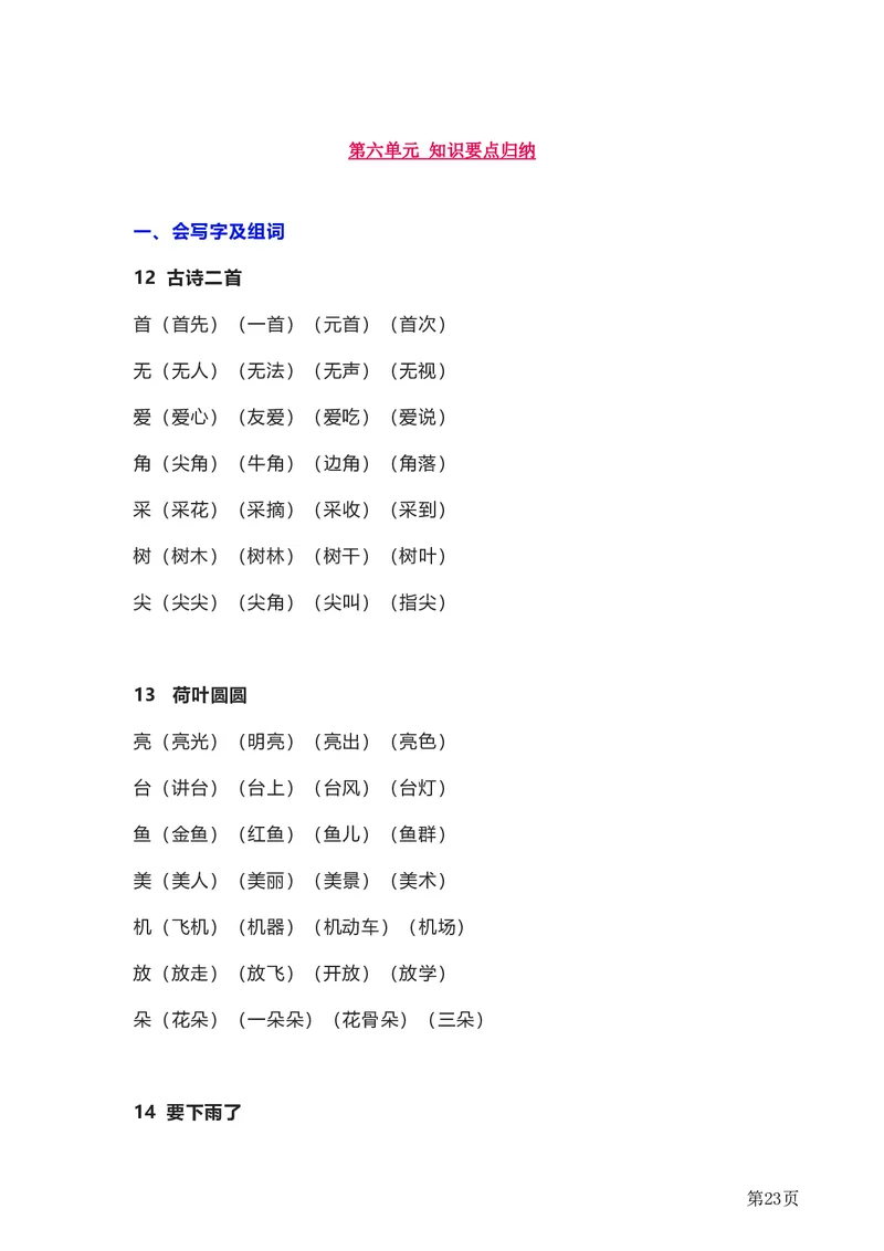 一年级下册语文部编版知识要点汇总_一年级上下册资料_小学一年级学习资料-25年更新版_1-02、小学一年级语文下册_3-6-2-1、复习、知识点、归纳汇总_部编（人教）版_知识汇总