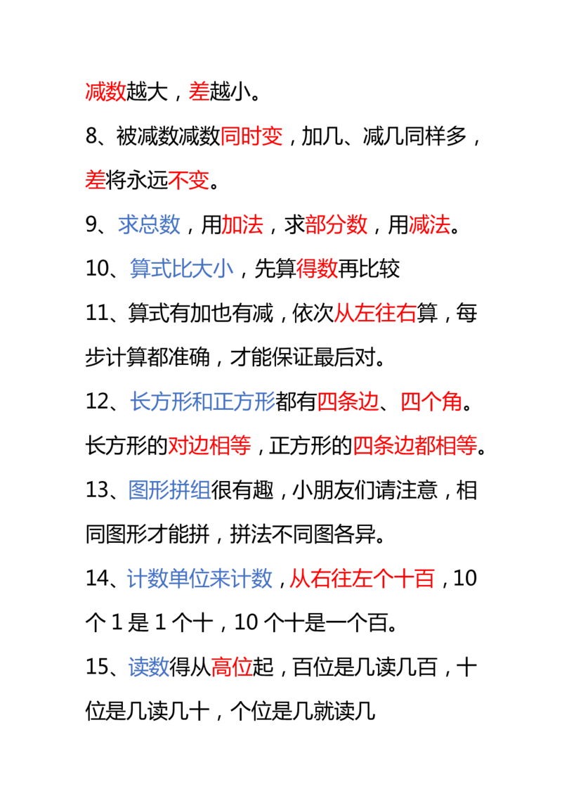 小学数学一年级下册全册知识点口诀资料_一年级上下册资料_小学一年级学习资料-25年更新版_1-04、小学一年级数学下册_1-4-1、复习、知识点、归纳汇总_通用