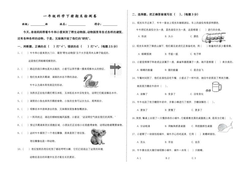 一下期末检测卷_一年级上下册资料_小学一年级学习资料-25年更新版_1-10、小学一年级科学下册_教科版_期末测试卷