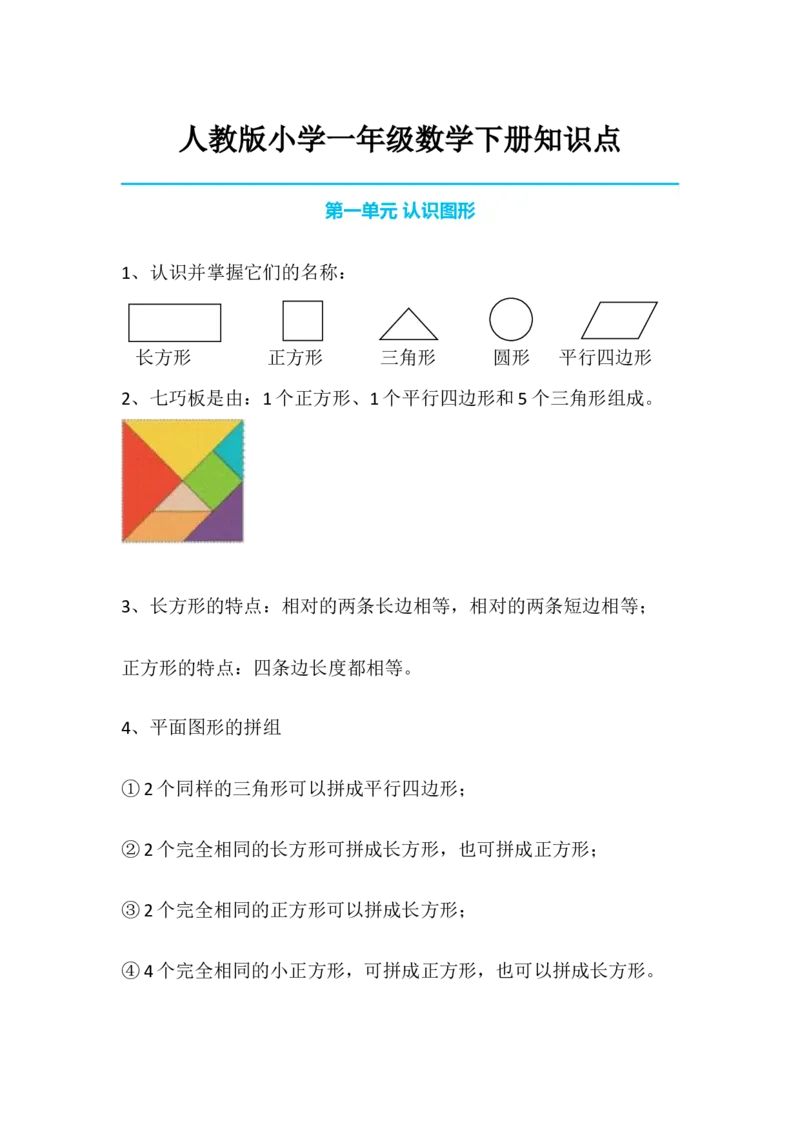 数学1下知识要点_一年级上下册资料_小学一年级学习资料-25年更新版_1-04、小学一年级数学下册_1-4-1、复习、知识点、归纳汇总_通用