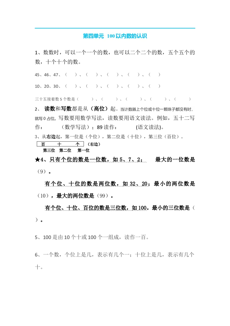 数学1下知识要点_一年级上下册资料_小学一年级学习资料-25年更新版_1-04、小学一年级数学下册_1-4-1、复习、知识点、归纳汇总_通用