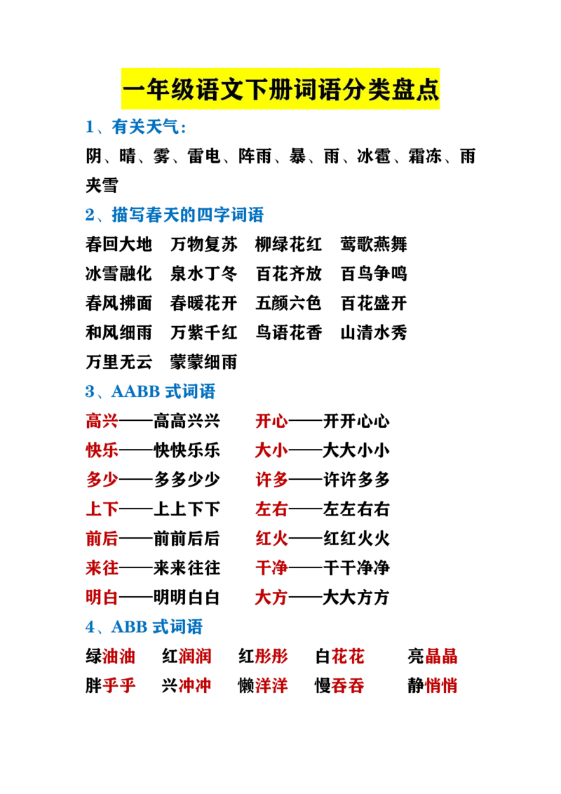 小学语文一年级下册词语盘点_一年级上下册资料_小学一年级学习资料-25年更新版_1-02、小学一年级语文下册_3-6-2-1、复习、知识点、归纳汇总_部编（人教）版