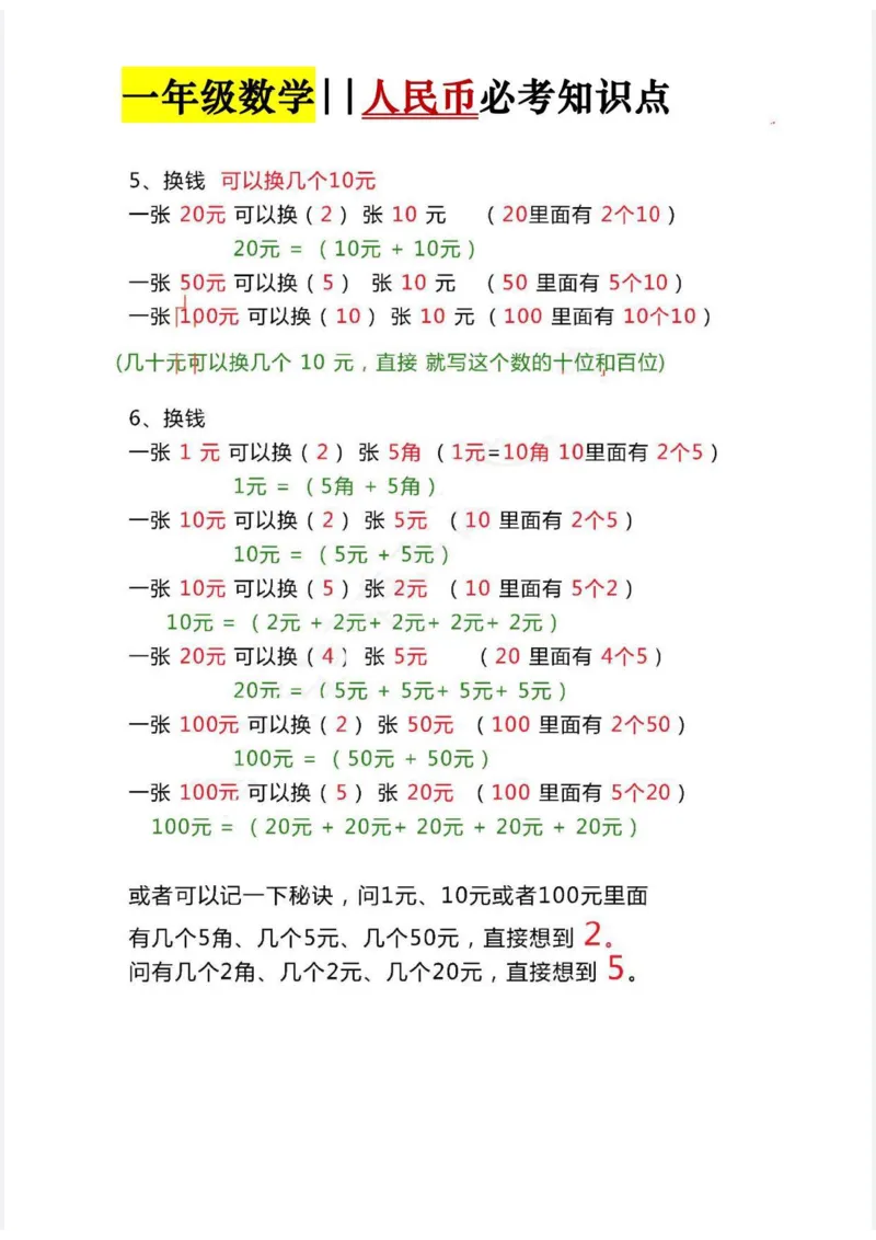 人民币必考知识点_一年级上下册资料_小学一年级学习资料-25年更新版_1-04、小学一年级数学下册_1-4-2、练习题、作业、试题、试卷_通用_通用重点必背+专项练习